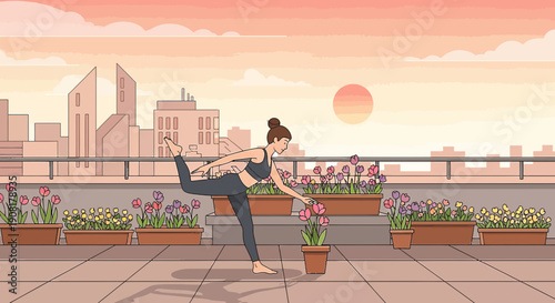 Woman Doing Yoga On Rooftop Garden With Cityscape At Sunset