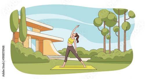 Woman Doing Yoga Outdoors Near Modern House