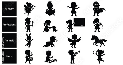 Black vector silhouette set of fantasy characters and animals with icons for professions or music, Isolated on white background