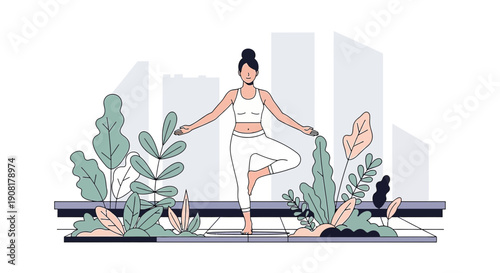 Woman Doing Yoga Tree Pose Outdoors with Plants and Cityscape Background