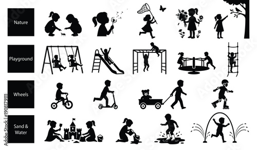 Black silhouette kids playground activities vector set with swings slide seesaw scooter and sandbox scenes, Isolated on transparent background, png