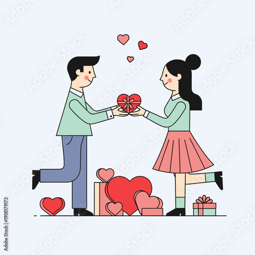 Couple exchanging gifts and hearts, celebrating love and affection.