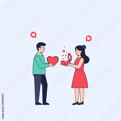 Couple exchanging gifts, celebrating love and affection.