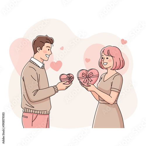 Couple exchanging heart-shaped gifts, celebrating love and affection.
