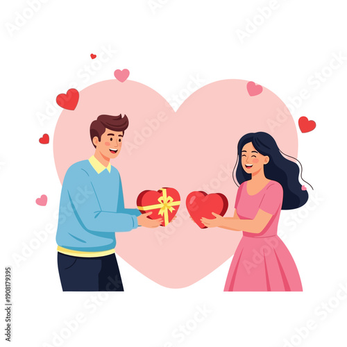 Couple exchanging heart-shaped gifts, celebrating love and affection.