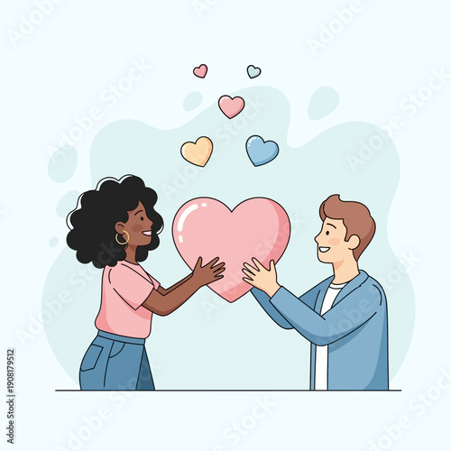 Diverse Couple Sharing a Large Pink Heart, Symbolizing Love and Connection.