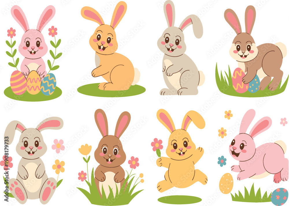 Fototapeta premium Cute Easter bunny vector set with smiling rabbits, eggs, flowers, and grass, colorful cartoon characters for children’s illustrations, holiday designs, and festive projects