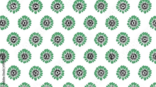Decorative seamless design featuring numerous stylized green floral blooms with dark centers arranged uniformly on a bright white surface