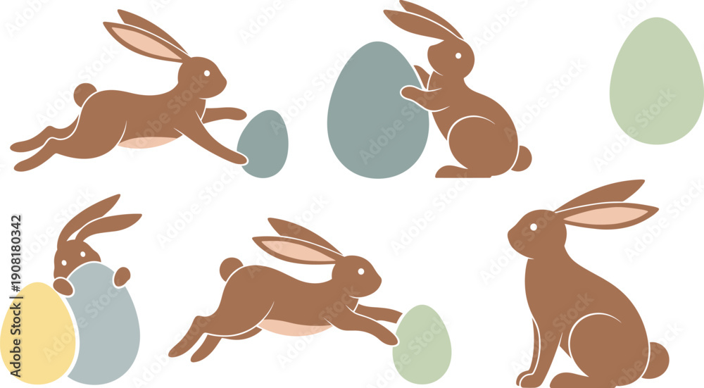 Obraz premium Easter Bunny Illustration Set with Rabbits and Decorative Eggs in Soft Pastel Style for Spring Holiday Designs, Nursery Art, and Seasonal Graphics