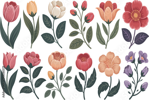Vintage floral vector set with blooming garden flowers and leaves, decorative botanical illustrations in soft retro colors for invitations, packaging, and design projects
