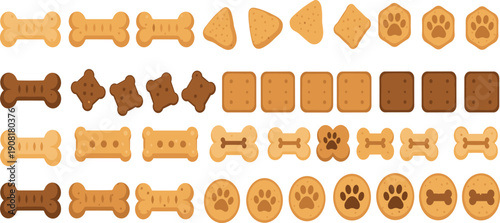 Dog Treat and Biscuit Illustration Set with Bone, Paw Print, and Cookie Shapes in Different Sizes for Pet Food Designs and Packaging