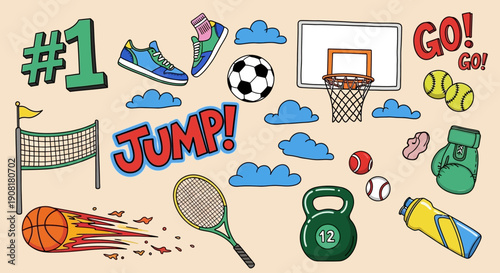 Various sports equipment and icons are scattered on a beige surface for ergonomic fun.