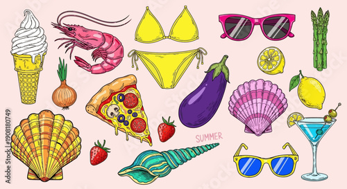 Summer vibes with seafood pizza and fruits on beach