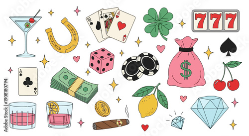 A vibrant illustration of various casino and luck symbols, including cards, money, and fruits, scattered on a surface.