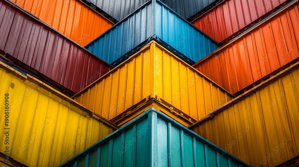 Fototapeta premium Stacked cargo containers in various colors arranged in a geometric pattern in a shipping yard during daylight hours