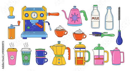 A colorful illustration of various coffee makers and utensils on a table