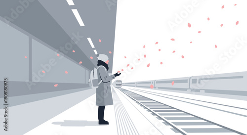 Woman at Train Station with Falling Cherry Blossoms