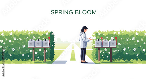 Woman Checking Mailbox Amidst Blooming Spring Garden Path