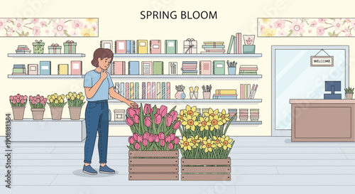 Woman Choosing Flowers in a Shop - Spring Bloom Illustration
