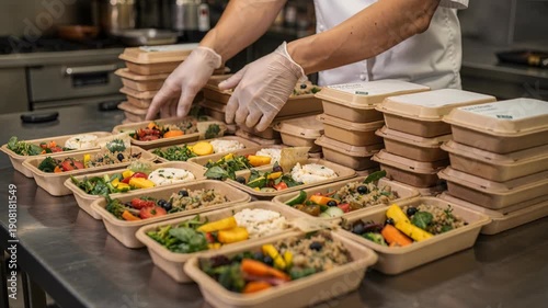 Shot of a chef in a commercial kitchen packing healthy takeout meals into sustainable containers, perfect for meal prep, balanced diet and convenience. Food industry, nutrition, catering