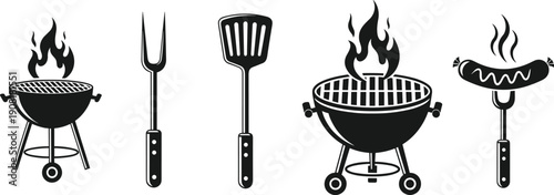 Barbecue grill set, bbq party, picnic, outdoor cooking, fire, spatula, fork, sausage, summer, garden, food, meat, kitchen, cad drawing flat vector illustration
