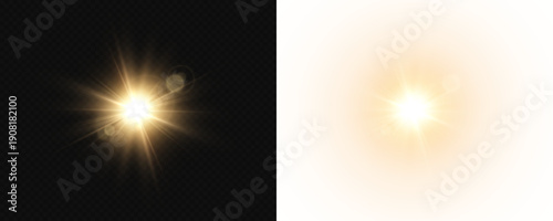 Golden shining explosion with sharp rays and soft radiant aura for various overlays, PNG vector graphics.