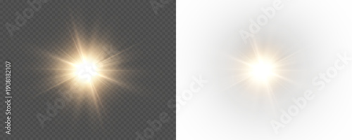 Soft summer rays of light with bright highlights and warm illumination. The realistic sunburst effect is isolated on a transparent PNG background.