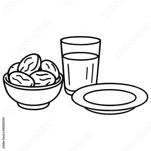 Simple line illustration of a bowl of nuts beside a glass and plate on a table