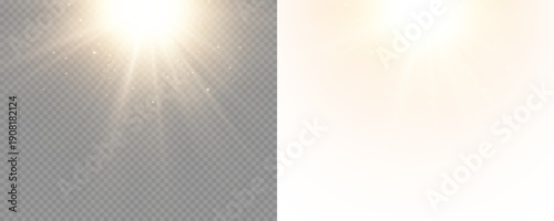 Yellow star sparkling with glitter, sun isolated on white background, shimmering holiday light effect.