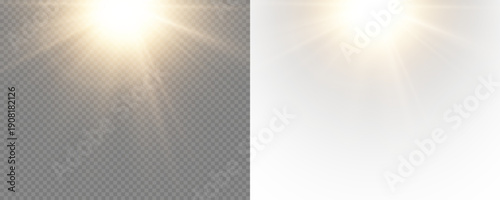 Bright sunlight, shimmering with rays and sparkling effects. A vibrant starburst with warm sunlight, isolated on a transparent PNG background.