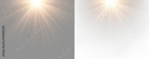Natural sunlight rays isolated on transparent background. Summer Sun Light Glow Overlay. Warm Sunlight Beam Isolated PNG.