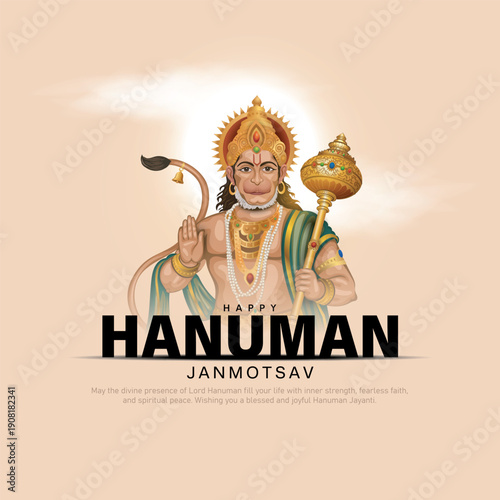 Happy Hanuman Jayanti Janmotsav Greeting Design, Lord Hanuman Background. A Hindu festival celebrated of lord hanuman birthday.