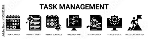 Task Management web banner icon vector illustration concept with icon of task planner, priority tasks, weekly schedule, timeline chart, task overview, status update, and milestone tracker.