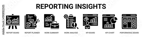 Reporting Insights web banner icon vector illustration concept with icon of report board, report planner, work summary, work analysis, kpi board, kpi chart, and performance board.