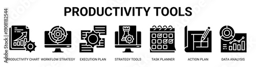 Productivity Tools web banner icon vector illustration concept with icon of productivity chart, workflow strategy, execution plan, strategy tools, task planner, action plan, and data analysis.