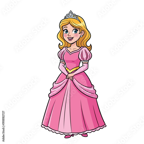 Cute Cartoon Princess in Pink Gown and Tiara, Fairytale Character Illustration