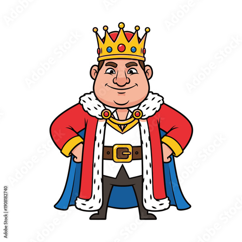 Cartoon King Character with Crown and Royal Robe, Confident Pose