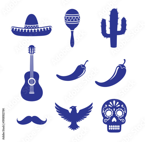 Blue Mexican cultural symbols icons including sombrero guitar chili peppers cactus and sugar skull