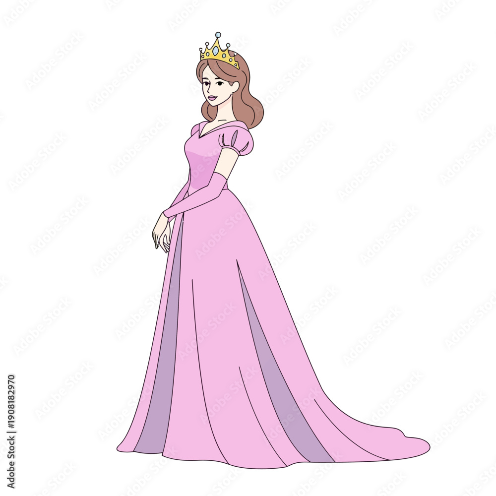 Fototapeta premium Elegant Princess in Pink Ball Gown with Crown, Isolated on White Background