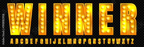 3d winner light font. Cinema alphabet for led text sign on show. Neon casino typography for gold lamp signboard. Illuminated theater glowing type for Grand carnival or pub quiz game graphic vector.