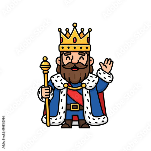 Cartoon King Waving Hand Holding Scepter, Royalty Character Icon