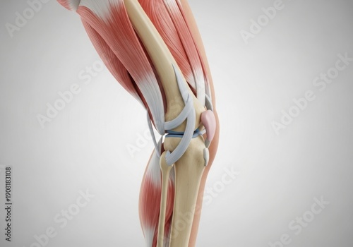 Detailed anatomical illustration of the human knee joint and muscles