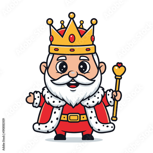 Cute Cartoon King Character with Crown and Scepter - Royalty Concept