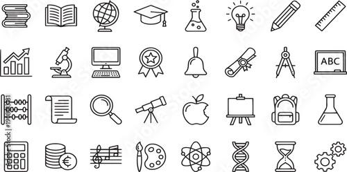 Collection of educational icons representing various subjects and activities related to learning and school life