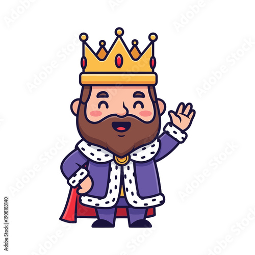 Cute King Waving Hello with Crown and Royal Robes - Cartoon Character