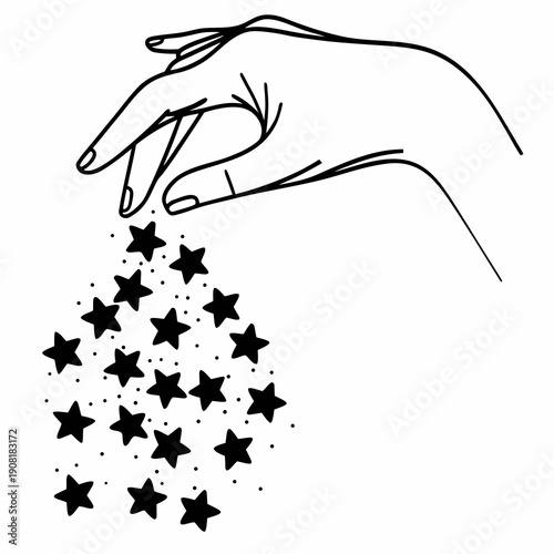A minimalist line art illustration of a hand sprinkling black stars and dots on a white background