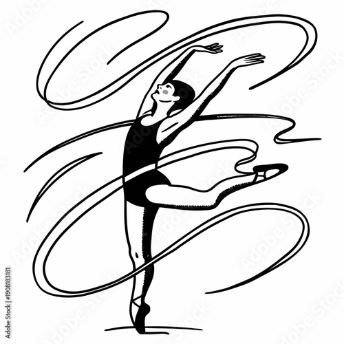 A black and white vector illustration of a female gymnast performing a rhythmic gymnastics routine with a ribbon