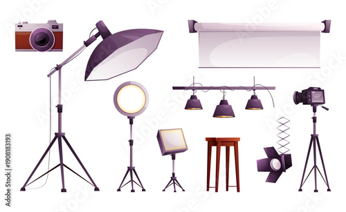 Photo studio. Vector set of a photo scene with professional camera, reflector, softbox light, roll backstage, spotlight, diffuser, tripod, umbrella. Professional equipment for photo and video shooting
