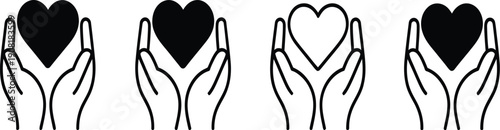 Minimalist black and white vector illustrations depicting diverse hands gently holding various heart shapes, representing concepts of charity, compassion, and shared affection in a clean graphic style