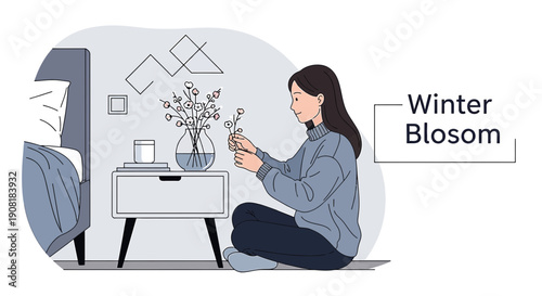 Woman Arranging Winter Blossom Flowers in Vase - Minimalist Floral Illustration